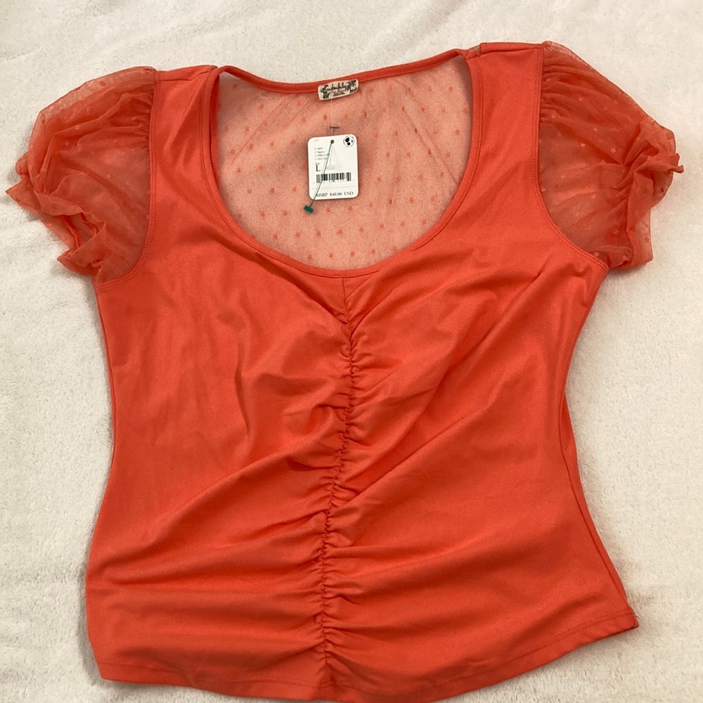Intimately Free People shirt, orange with mesh inserts , short sleeves L, NWT